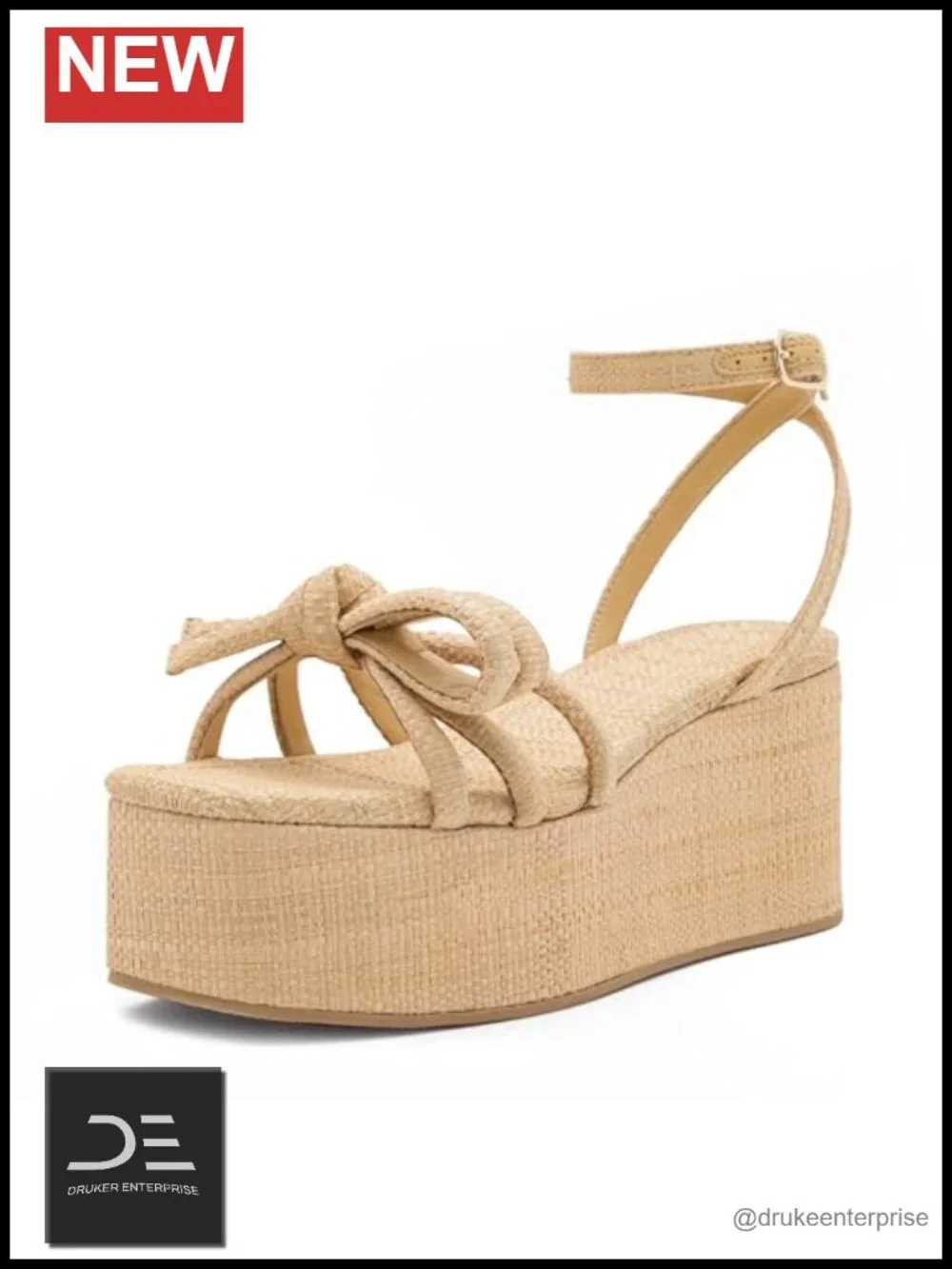 Raffia Platform Espadrille Wedges Sandals with Bow Ankle Straps - Comfortable